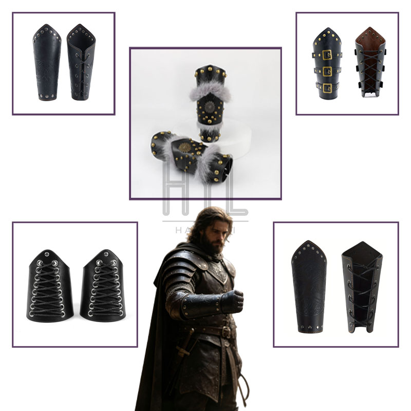 Prop For Cosplay - ถุงมือเกราะป้องกันมือสไตล์สตีมพังก์ยุคกลาง ย้อนยุค หนัง PU หลายชั้น ประดับหมุด