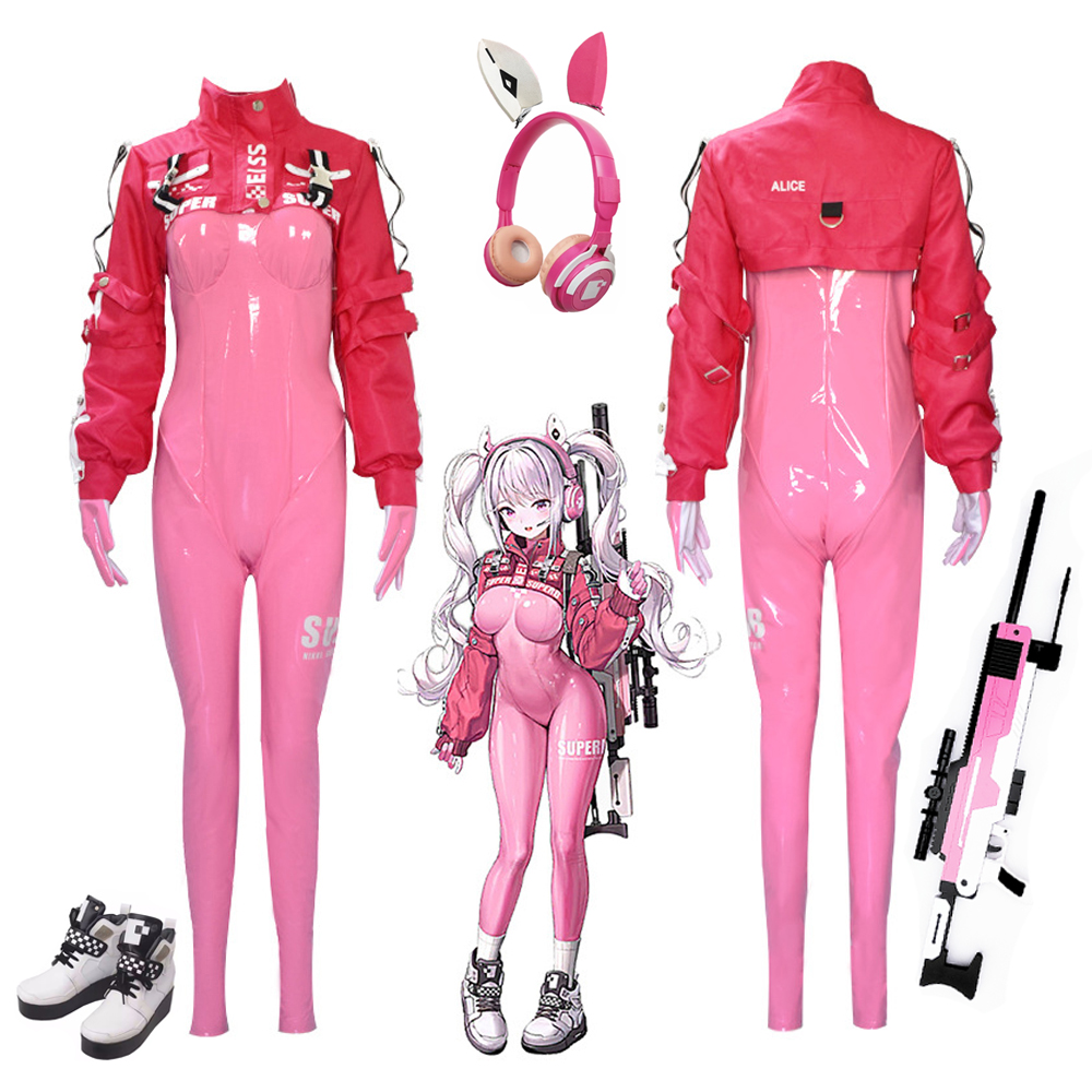 Cosplay Material For Prop - ชุดคอสเพลย์เกม NIKKE: เทพีแห่งชัยชนะ อลิซ ชุดรัดรูปสีชมพูแบบครบชุด อุปกรณ์ประกอบงานปาร์ตี้สวมหน้ากาก
