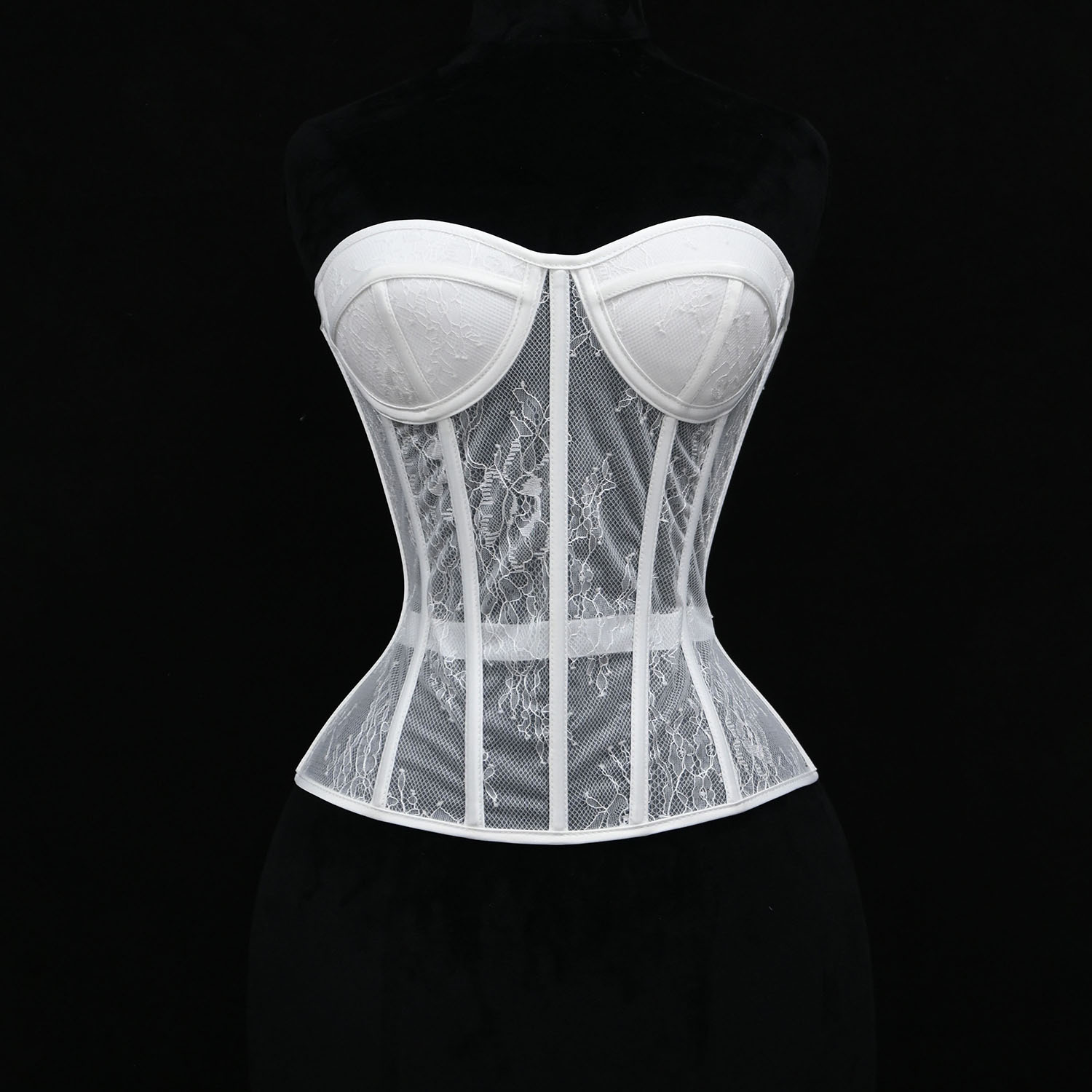 Boning Corset Steel - เสื้อครอปเซ็ทโครงเหล็กสำหรับผู้หญิง แบบเว้าหลัง ไร้สาย แต่งลูกไม้ บราในตัว ตาข่าย