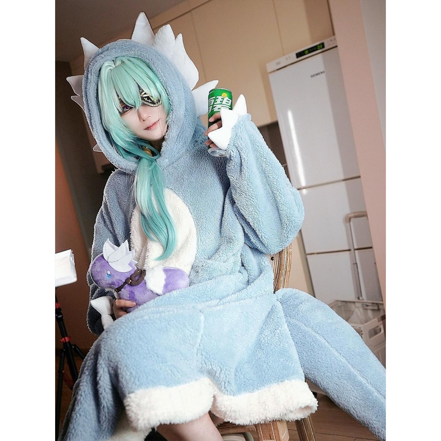 Anaxa Cosplay Prop - ชุดนอนลายการ์ตูนสุดน่ารักสำหรับผู้หญิง ผ้าคอรัลฟลีซ สำหรับฤดูใบไม้ร่วงและฤดูหนาว ชุดนอนลำลอง ชุดคอสเพลย์ Honkai