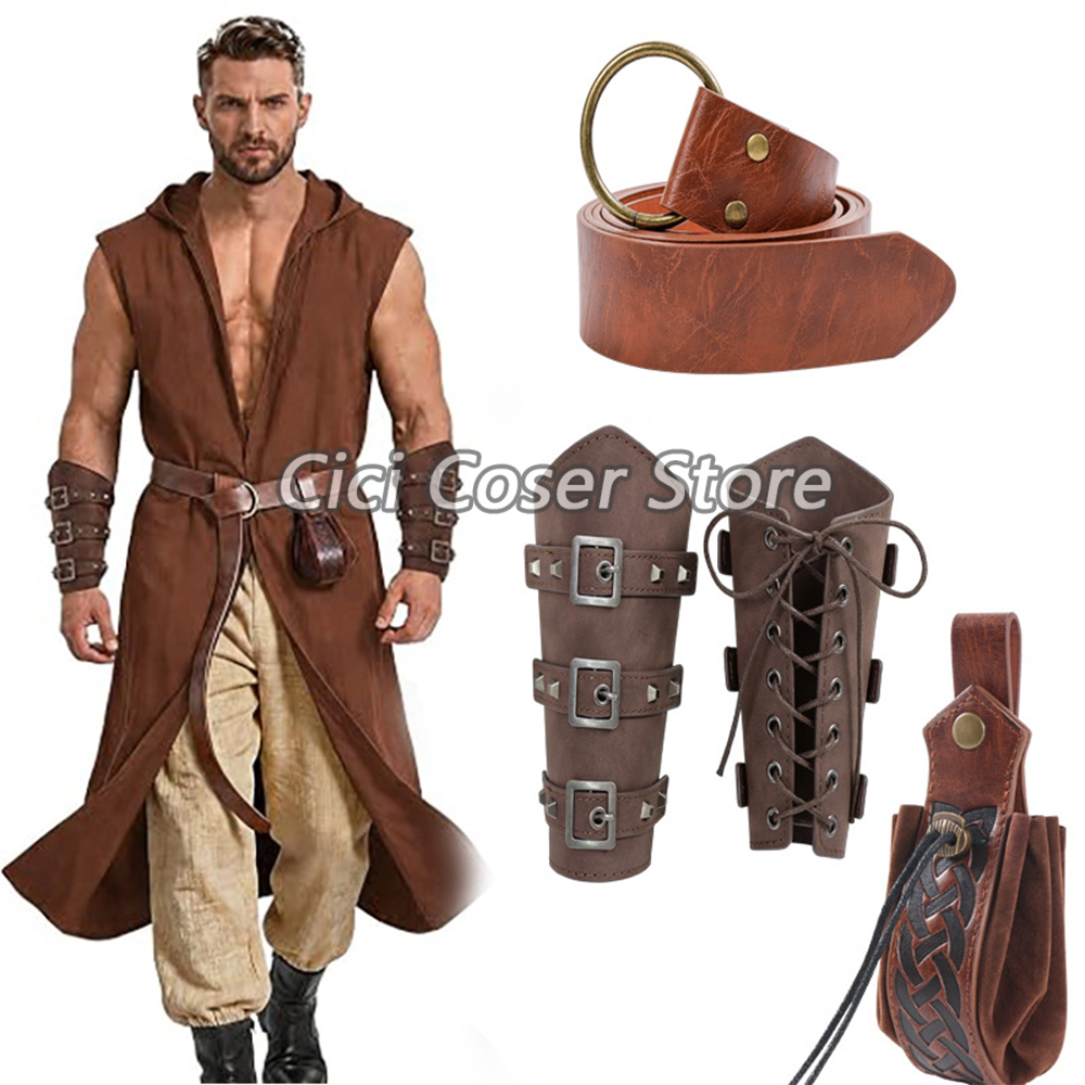 Prop For Cosplay - ชุดเข็มขัดหนัง PU ยุคกลาง พร้อมปลอกแขนและกระเป๋าคาดเอว อุปกรณ์คอสเพลย์ไวกิ้ง อัศวิน