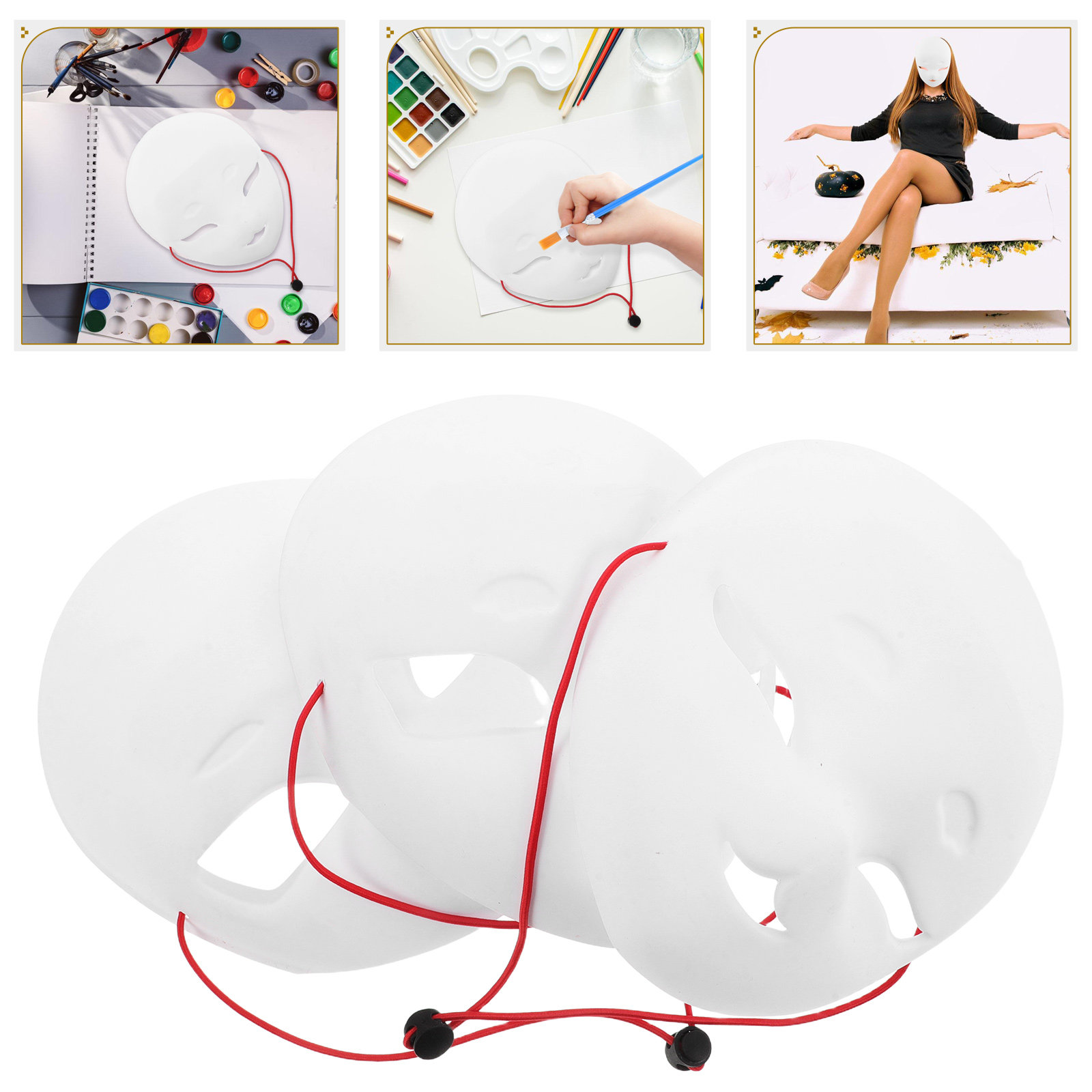 Cosplay Prop Painting - หน้ากากฮาโลวีนสีขาวเปล่า 3 ชิ้น พลาสติกน้ำหนักเบา ผิวสัมผัสแบบด้าน สำหรับงานฝีมือ
