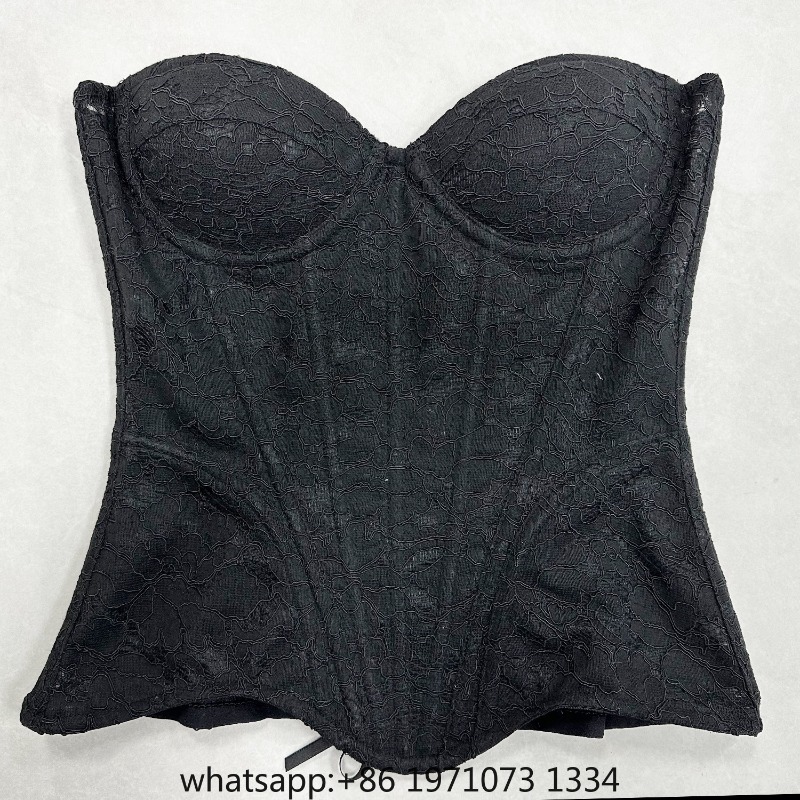 Boning Corset Steel - ชุดคอร์เซ็ตลูกไม้สำหรับผู้หญิง บอดี้สูทหรูหราสำหรับงานแต่งงาน โครงเหล็กเสริมทรง สายรัดแบบไม่มีสาย ชุดทูบท็อปผูกเชือก กระชับสัดส่วน